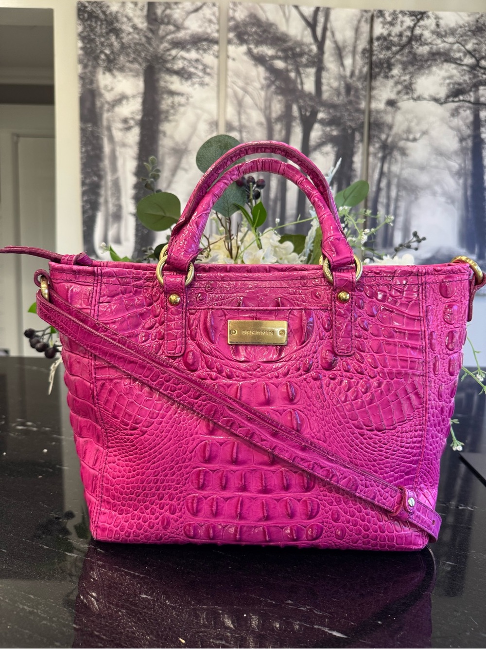 🩷🐊Brahmin Mini Asher Satchel Fuchsia Croc Embossed Leather Crossbody Pink